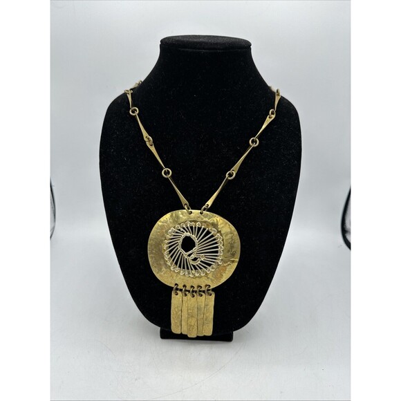 Artist Signed Jewelry - Vintage Boho Necklace Brass Hammered Signed Dated Gold Tone Big Chunky